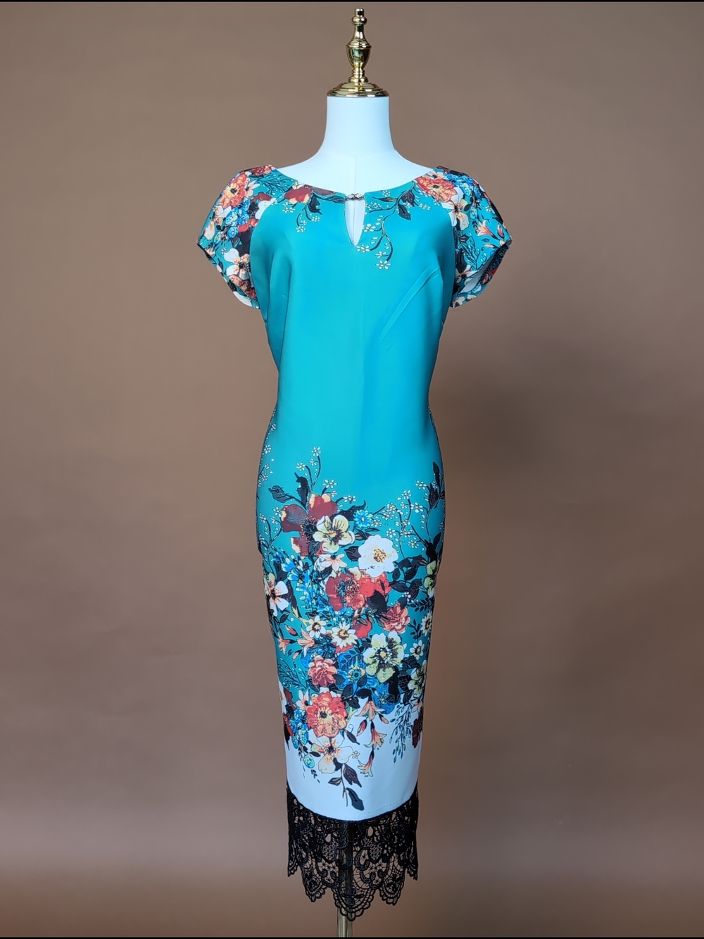 Vibrant Eci New York Floral Lace-Hem Midi Dress in Turquoise Corporate Chic
